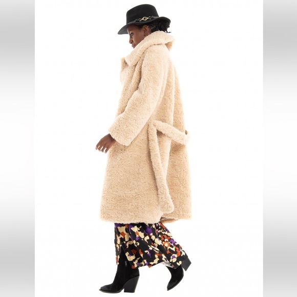 JAKKE Katrina Free People Faux Fur Coat Biscuit Size 10 Mob Wife Aesthetic Belt - Picture 6 of 14